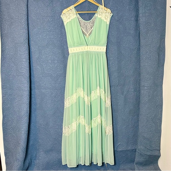 Champagne & Strawberry Dress, Aqua & Lace, Maxi Length, Grecian, Size Medium - Picture 2 of 9